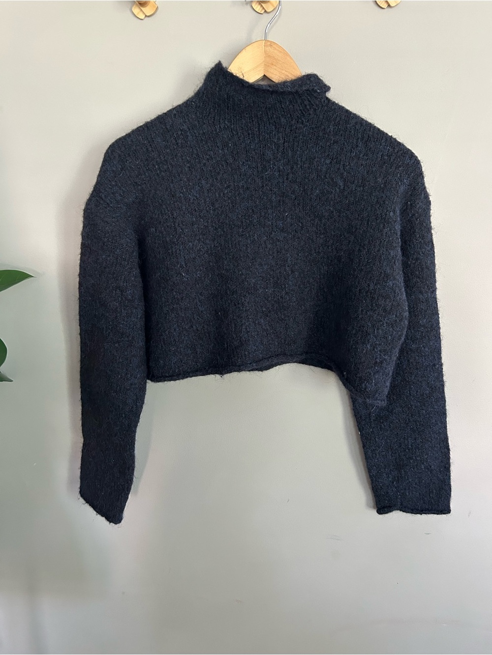 Zara Cropped Oversized Wool Alpaca Blend Mock Neck Sweater Navy Blue Size Small
